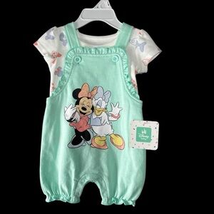 Disney Baby Minnie  & Daisy Floral Infant Overall T-Shirt Green Set SZ 3/6 Month